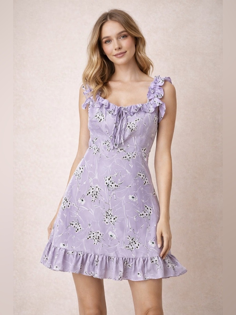 Avantlook Feminine Lavender Floral Ruffle Strap Mini Dress Small Cottagecore